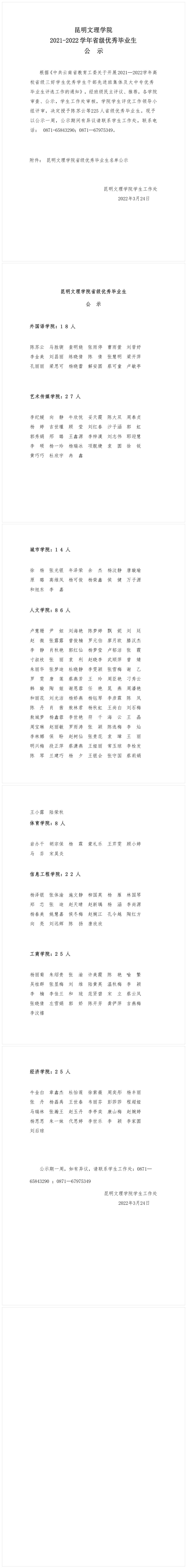昆明文理学院2021-2022学年省级优秀毕业生